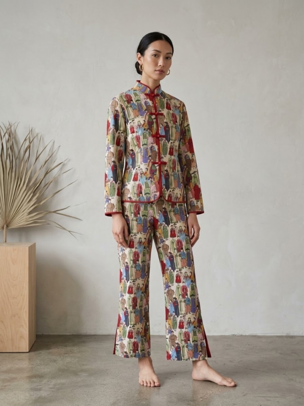 Iconic Natori Dynasty Pajama Set Extra Small XS Asian Folk Art Print 2-Piece